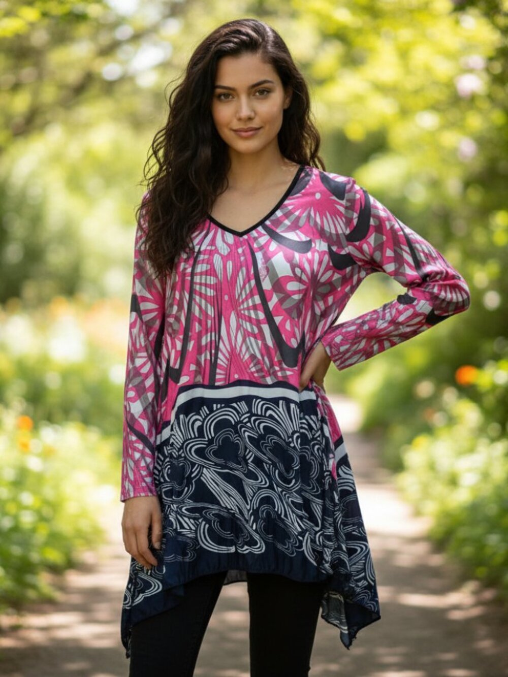 Urban Mango M Women's Gray Pink Blue V Neck Tunic Top Boho Artsy Dopamine Chic